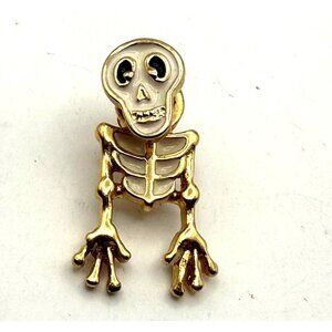 Vintage Gold Tone Skeleton Pin Enamel Novelty Statement Halloween Goth